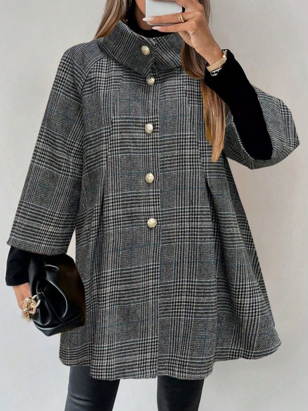 Blue Casual Women's Plaid Collar Raglan Button Front Jacket